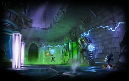 HD PC desktop wallpaper from the video game Epic Mickey 2: The Power of Two, featuring a dark, atmospheric laboratory scene with glowing machinery and characters.