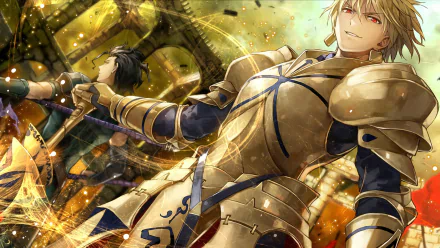 HD desktop wallpaper featuring Lancer and Archer from the anime Fate/Zero. The image showcases the characters in dynamic poses with detailed armor and vibrant backgrounds.