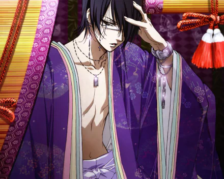 Anime Hell Girl 2K Quad HD PC wallpaper: brooding pale man in an open purple kimono and pendant, hand to hair, framed by patterned screen and red tassels, moody night-lit composition.