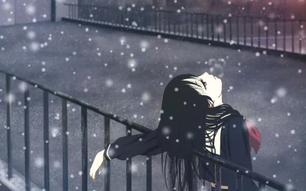Anime-style 4K Ultra HD wallpaper featuring a Jigoku Shōjo character leaning back on a railing amid softly falling snow at night.