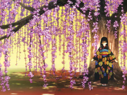 4K Ultra HD anime wallpaper from Jigoku Shōjo featuring a girl in traditional kimono standing beneath vibrant, cascading pink cherry blossoms in a serene, softly lit setting.