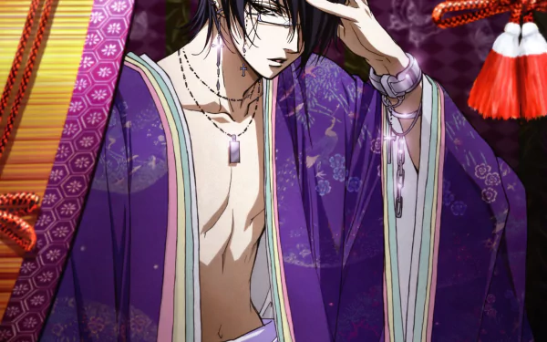 Anime Hell Girl 2K Quad HD PC wallpaper: brooding pale man in an open purple kimono and pendant, hand to hair, framed by patterned screen and red tassels, moody night-lit composition.