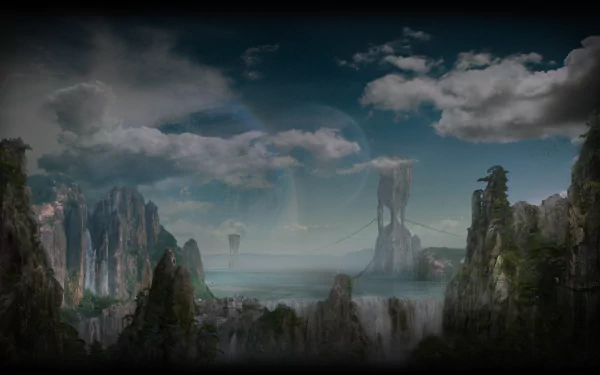 HD PC desktop wallpaper featuring a dramatic landscape from the video game Galactic Civilizations III with towering rock formations under a cloudy sky.