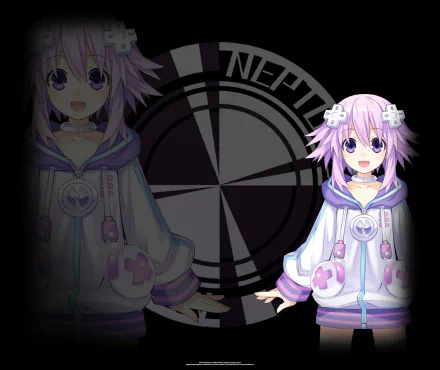 HD PC desktop wallpaper featuring a character from the video game Hyperdimension Neptunia Re;Birth1 with a dark circular emblem background.