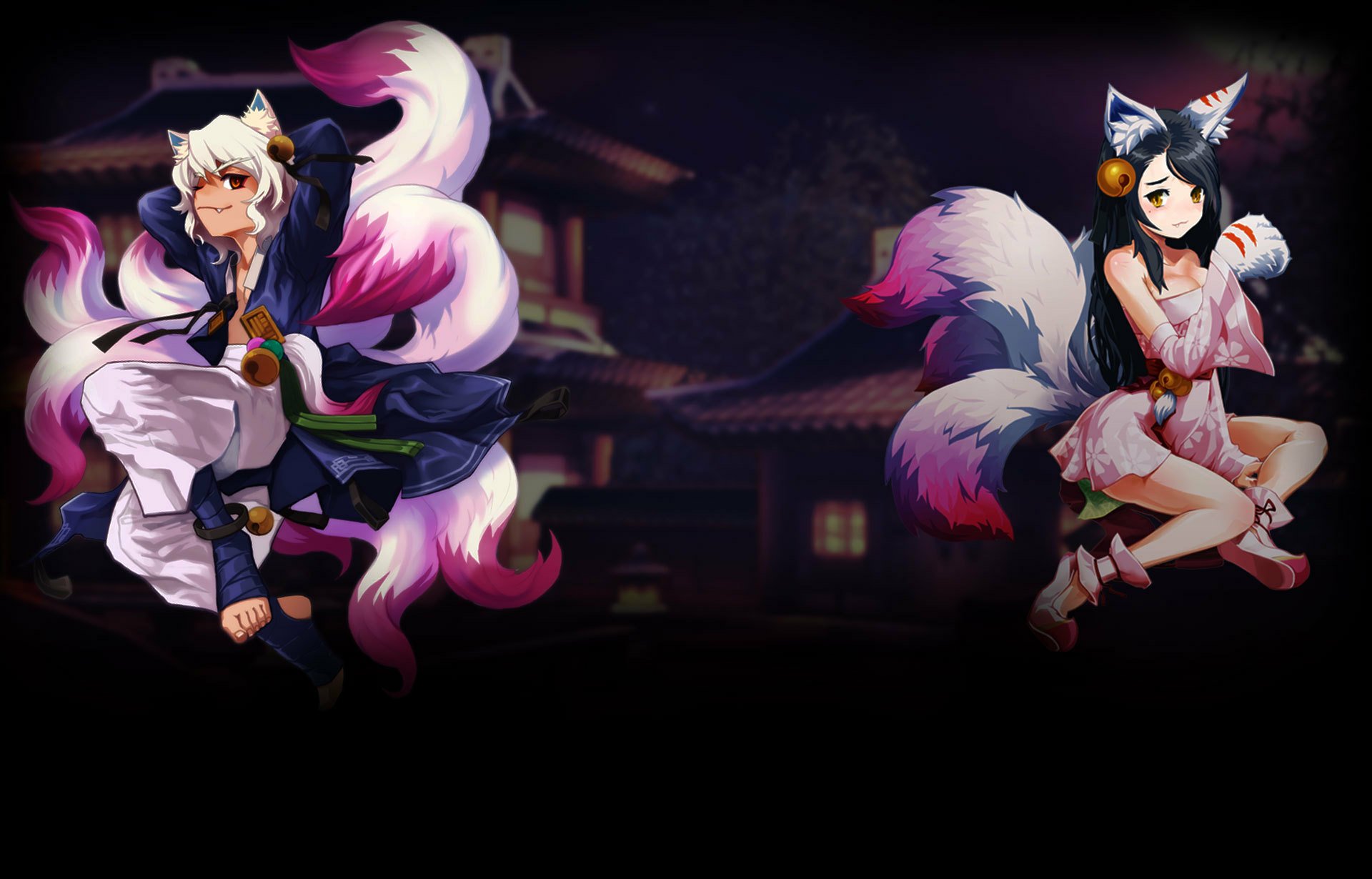 HD PC desktop wallpaper featuring two fox-eared characters from the video game Lost Saga North America against a dark, traditional Japanese-inspired background.