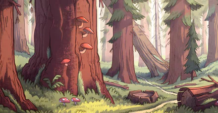 HD desktop wallpaper featuring a cartoon forest scene from the TV show Gravity Falls. The image showcases tall trees, mushrooms growing on the bark, and sunlight filtering through the foliage.