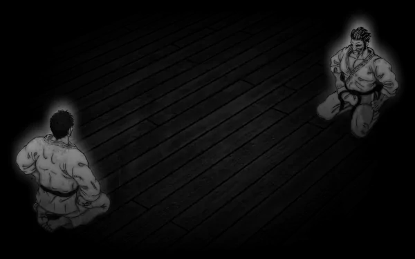 HD PC desktop wallpaper featuring two fighters from the video game Karate Master 2 Knock Down Blow facing off on a dark wooden floor background.