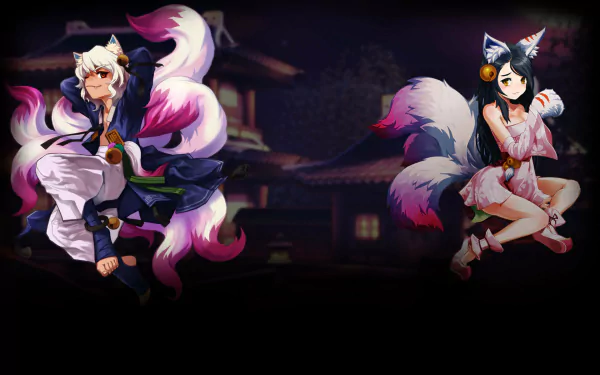 HD PC desktop wallpaper featuring two fox-eared characters from the video game Lost Saga North America against a dark, traditional Japanese-inspired background.