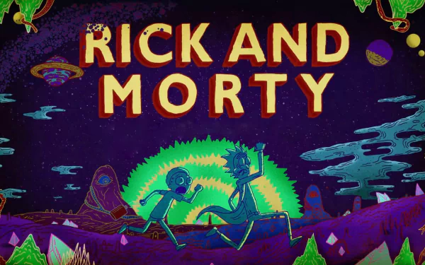 HD desktop wallpaper and background of the TV show Rick and Morty, featuring colorful artwork of Rick Sanchez and Morty Smith in an alien landscape with the text Rick and Morty displayed prominently.