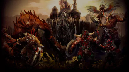 Video game Might & Magic Duel of Champions HD PC desktop wallpaper: dark fantasy battle with monstrous warriors, a winged hero and a grim fortress under a stormy sky.