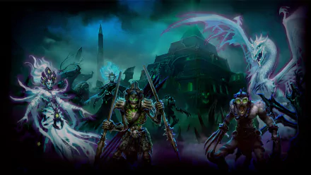 HD PC desktop wallpaper featuring dark, mystical characters from the video game Might & Magic Duel of Champions set against an eerie, fortress-like backdrop.