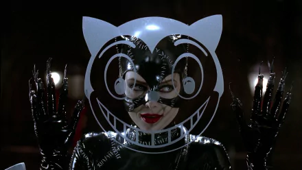 HD PC desktop wallpaper featuring Michelle Pfeiffer as Catwoman from the movie Batman Returns, wearing her iconic black latex costume and mask.
