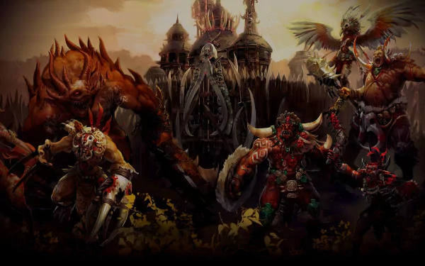 Video game Might & Magic Duel of Champions HD PC desktop wallpaper: dark fantasy battle with monstrous warriors, a winged hero and a grim fortress under a stormy sky.