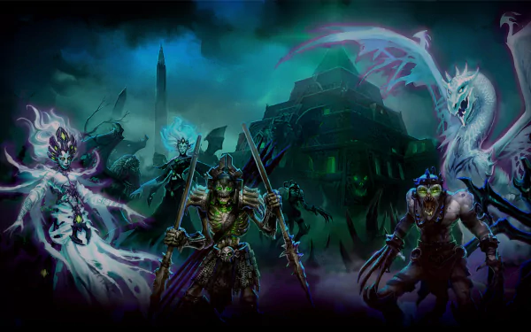 HD PC desktop wallpaper featuring dark, mystical characters from the video game Might & Magic Duel of Champions set against an eerie, fortress-like backdrop.