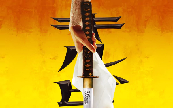 HD desktop wallpaper featuring a hand gripping a katana with a white cloth, set against a vibrant yellow background with bold black Japanese characters from Kill Bill: Vol. 1.