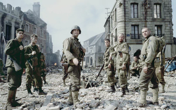 A dramatic scene from Saving Private Ryan, showcasing soldiers in a war-torn urban environment, captured in vibrant HD for a striking PC desktop wallpaper.