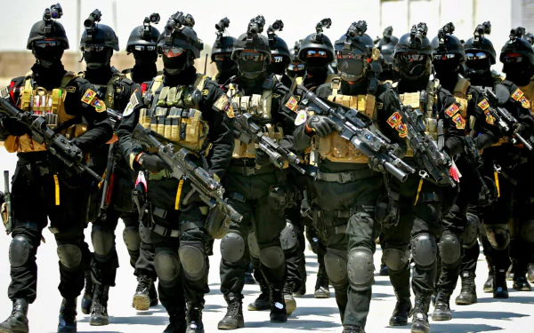 HD PC desktop wallpaper/background: military soldiers in black tactical gear and helmets, armed with rifles, marching in tight formation.