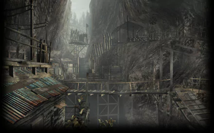 A hauntingly immersive HD desktop wallpaper from Resident Evil 4, showcasing a misty, industrial landscape surrounded by towering cliffs and rustic structures.
