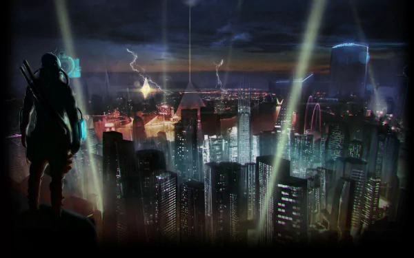 Silhouetted runner overlooks a neon-lit cyberpunk skyline with searchlights and storm clouds — Shadowrun Chronicles video game HD PC desktop wallpaper and background.