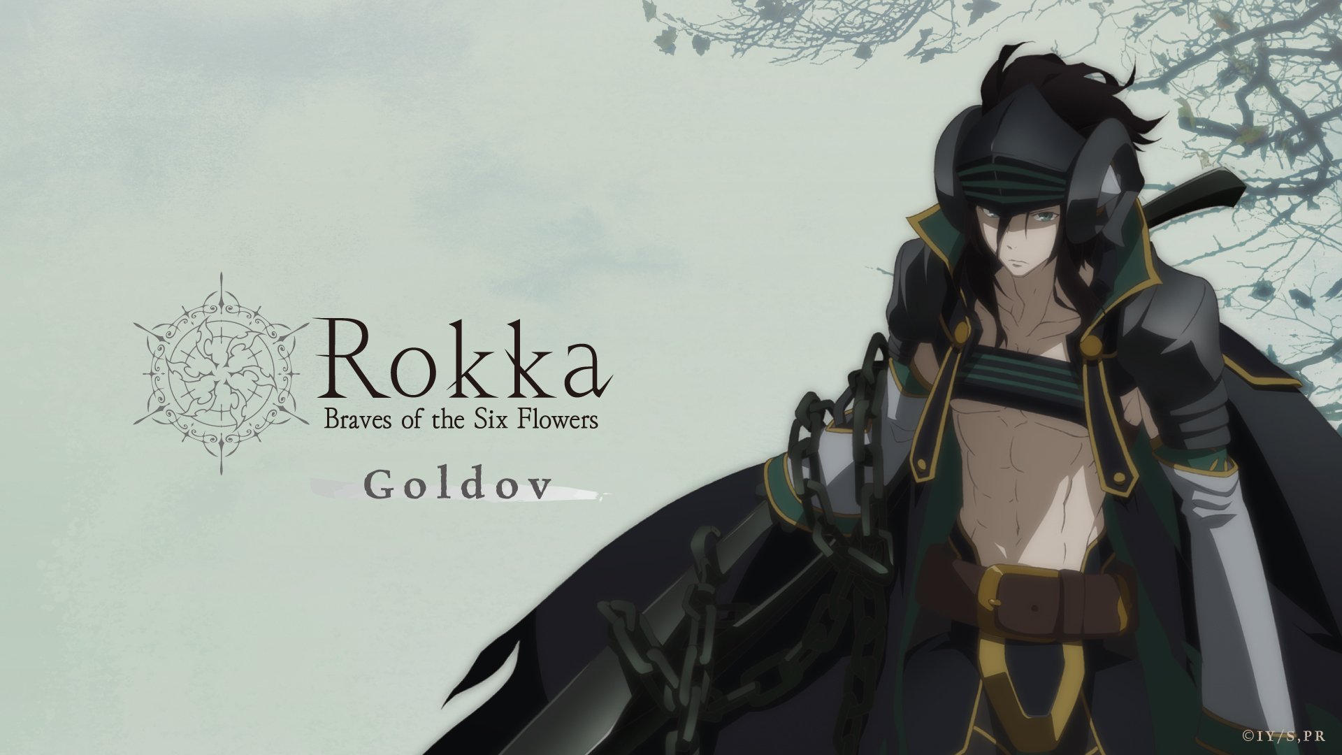 HD wallpaper featuring Goldov from the anime Rokka: Braves of the Six Flowers, showcasing a striking character design against a muted background.