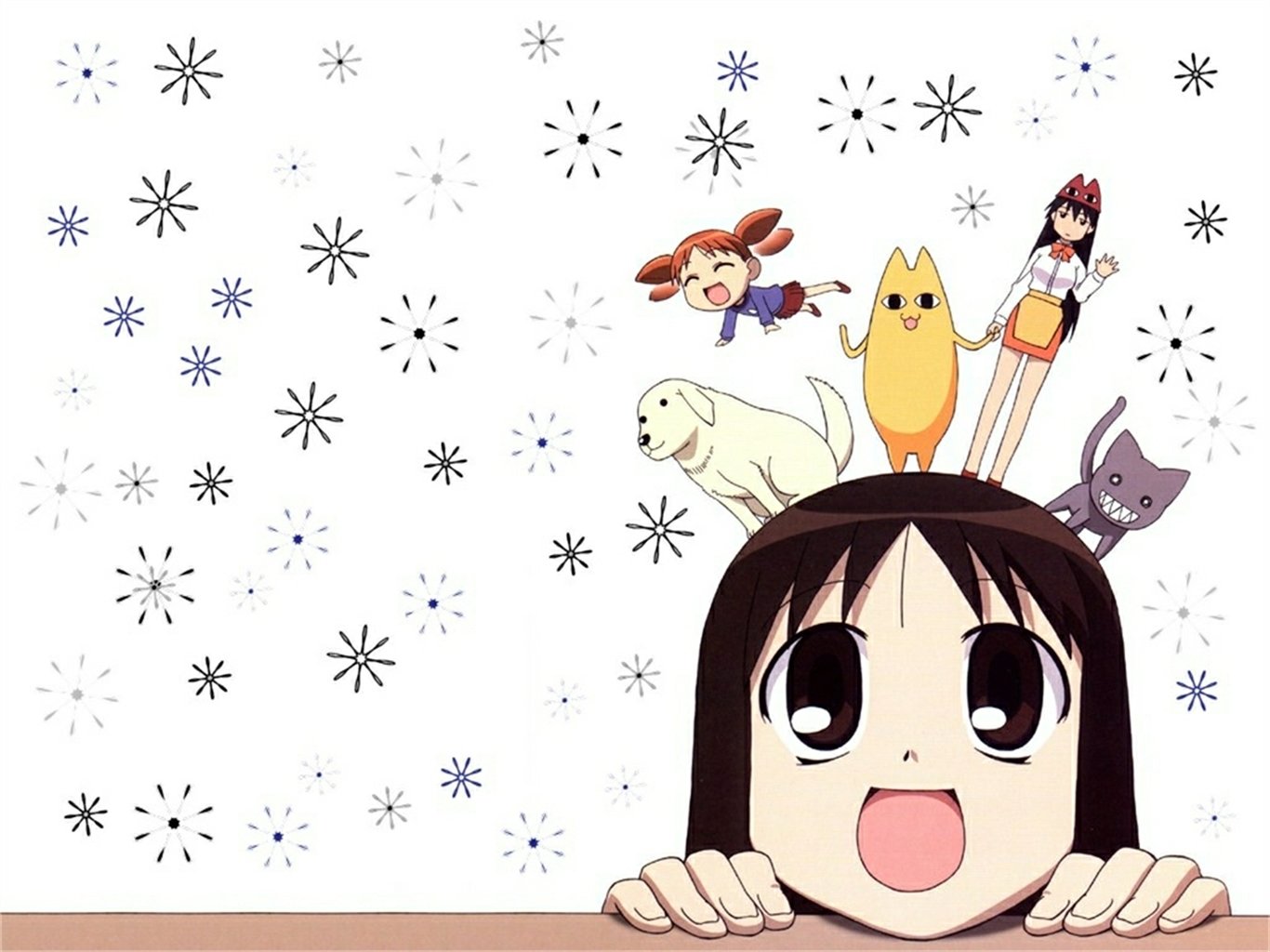 Anime HD PC desktop wallpaper of Azumanga Daioh: Chiyo peeks up with huge eyes as chibi classmates and pets perch on her head against a white, starry background.