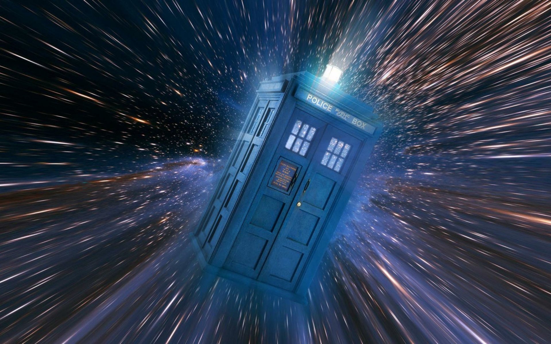 HD PC desktop wallpaper featuring the TARDIS from the TV show Doctor Who (2005) traveling through a vibrant, colorful time vortex in space.