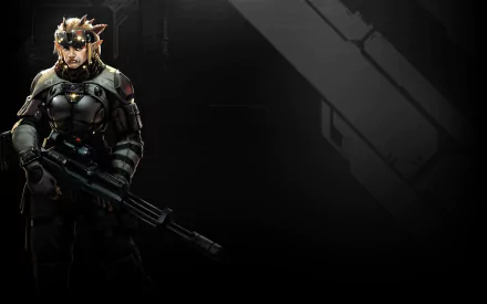 Cyberpunk video game Shadowrun: Dragonfall HD PC desktop wallpaper showing an armored elf mercenary in a tactical cyber-suit holding a rifle against a dark industrial background.