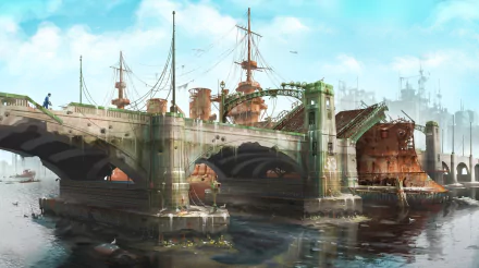 A gritty scene from Fallout 4, featuring a weathered bridge and rusted ships amidst a misty waterway, serving as a stunning HD desktop wallpaper and background.