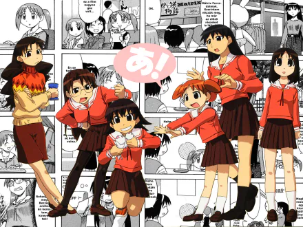 Azumanga Daioh anime HD PC desktop wallpaper: six schoolgirls in red sweaters and skirts posing cheerfully over a grayscale manga-panel background.