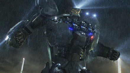 HD PC desktop wallpaper of a rain-soaked Jaeger from the movie Pacific Rim, towering under searchlights with glowing cockpit and storm-lit metal plates.