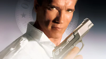 Arnold Schwarzenegger holds a gun in a dramatic pose from the movie True Lies, set against a sleek background. This HD image makes an engaging desktop wallpaper.