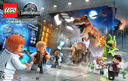 A vibrant HD desktop wallpaper featuring LEGO characters from Jurassic World, engaging with dinosaurs in a thrilling video game scene.