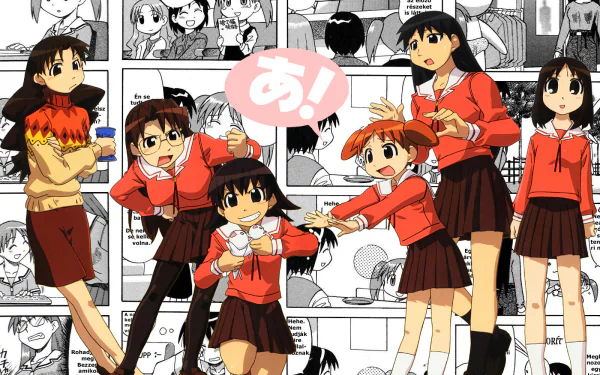 Azumanga Daioh anime HD PC desktop wallpaper: six schoolgirls in red sweaters and skirts posing cheerfully over a grayscale manga-panel background.