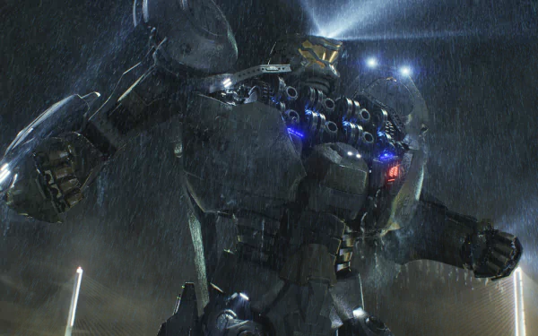 HD PC desktop wallpaper of a rain-soaked Jaeger from the movie Pacific Rim, towering under searchlights with glowing cockpit and storm-lit metal plates.
