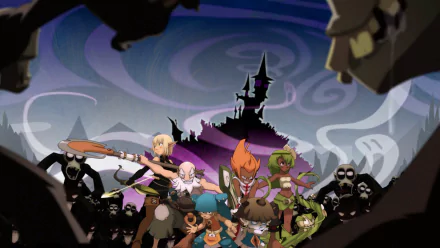 A dynamic HD wallpaper featuring characters Amalia Sheran Sharm, Adamaï, Tristepin, Yugo, Ruel Stroud, and Evangelyne from the anime Wakfu, set against a mystical background.