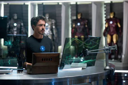 HD desktop wallpaper of Tony Stark, played by Robert Downey Jr., in a scene from the movie Iron Man 2, standing at a high-tech workstation with Iron Man suits displayed in the background.