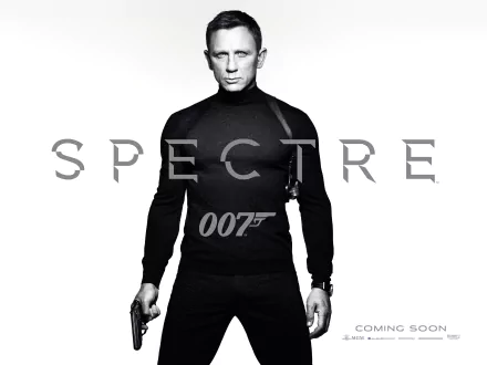Daniel Craig as James Bond in a minimalist black-and-white Spectre movie wallpaper featuring the 007 logo and Coming Soon text.