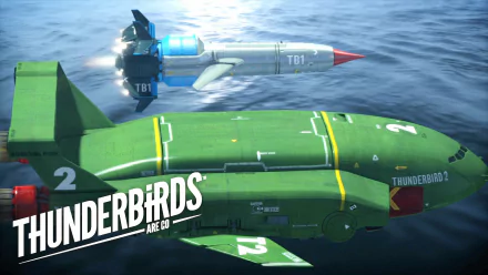 A vibrant HD desktop wallpaper featuring iconic rockets from the TV show Thunderbirds Are Go, showcasing Thunderbird 2 and TB1 soaring through the water.