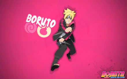A vibrant HD wallpaper featuring Boruto Uzumaki from the anime Boruto: Naruto the Movie, showcasing his dynamic pose against a bright pink background.