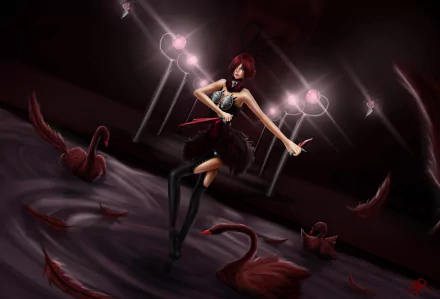 Katarina from the League of Legends video game, poised with daggers amid floating red petals and dramatic spotlights in a dark room — 5K Ultra HD PC desktop wallpaper and background.