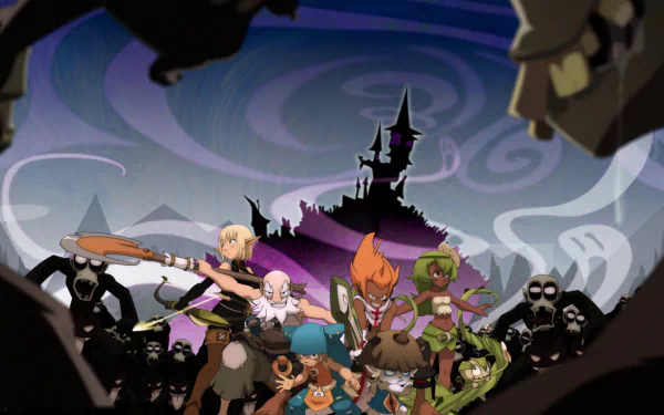 A dynamic HD wallpaper featuring characters Amalia Sheran Sharm, Adamaï, Tristepin, Yugo, Ruel Stroud, and Evangelyne from the anime Wakfu, set against a mystical background.