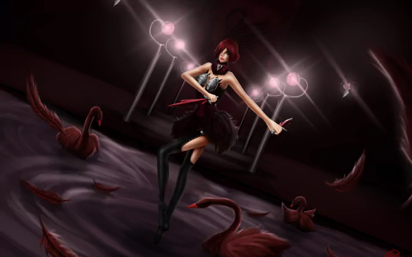 Katarina from the League of Legends video game, poised with daggers amid floating red petals and dramatic spotlights in a dark room — 5K Ultra HD PC desktop wallpaper and background.