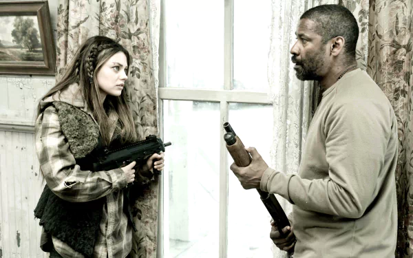Two actors in a tense post-apocalyptic movie scene: a woman aims a rifle while a man holds a shotgun by a curtained window — 2K Quad HD PC desktop wallpaper.