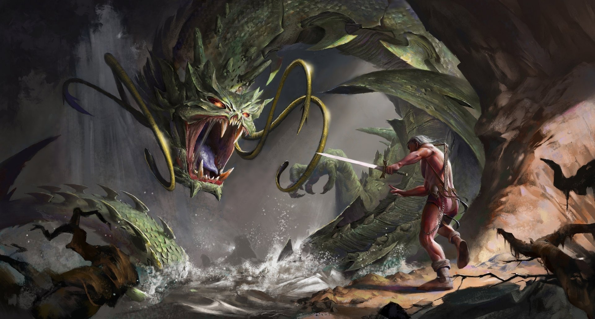 Dark, intense HD PC desktop wallpaper depicting a fierce battle between a warrior and a massive serpent-like monster emerging from turbulent waters.