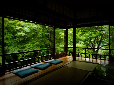 A serene view from a wooden balcony overlooking lush greenery, framed by a cozy interior with tatami mats and cushions, creating a tranquil atmosphere in a man-made room.