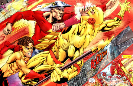 Dynamic HD wallpaper featuring Bart Allen as Kid Flash and Reverse-Flash in an action-packed DC Comics scene, capturing the excitement of the Flash universe.