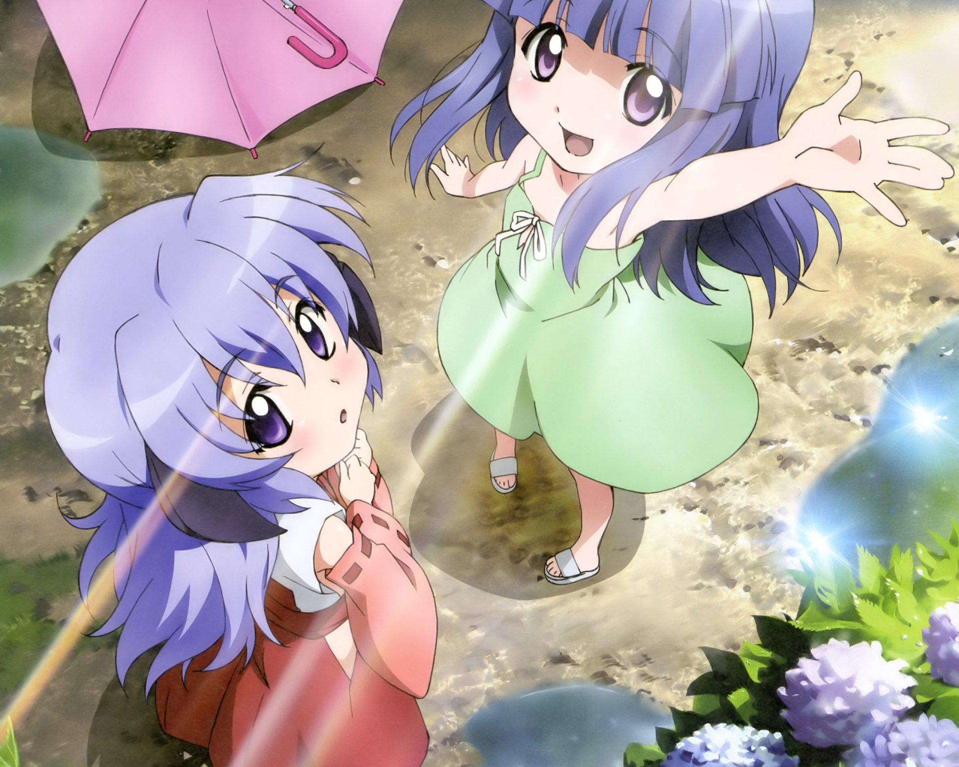HD anime wallpaper featuring Furude Hanyū and Furude Rika from Higurashi When They Cry, with vibrant colors and expressive character designs.
