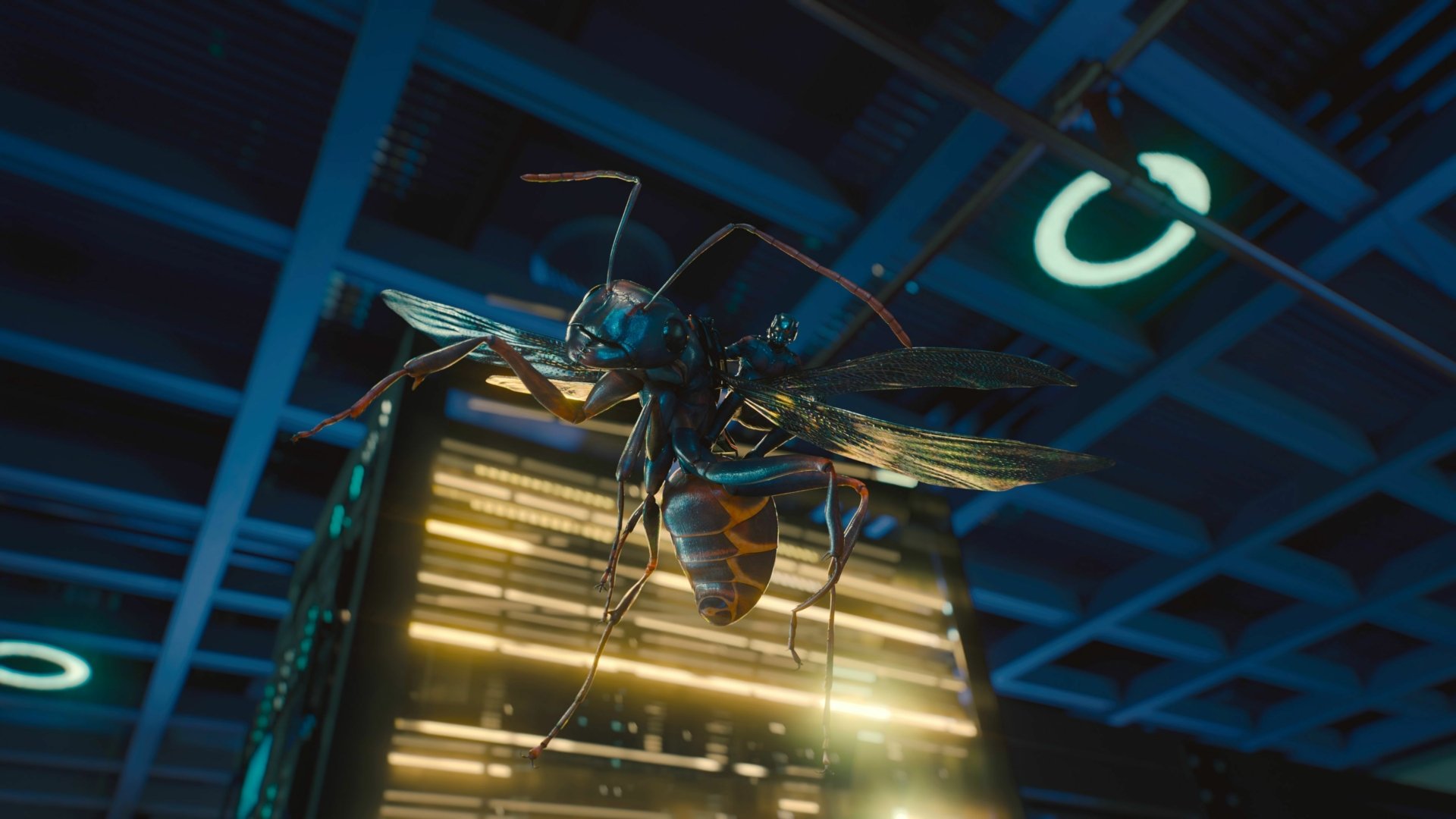 4K Ultra HD PC desktop wallpaper featuring a detailed close-up of a wasp from the Ant-Man movie against a futuristic, illuminated background.