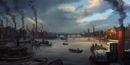 HD PC desktop wallpaper featuring a detailed industrial riverside scene from the video game Assassin's Creed: Syndicate, showcasing London’s smoky skyline and historic bridges.