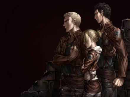 HD wallpaper featuring Bertolt Hoover, Annie Leonhart, and Reiner Braun from the anime Attack on Titan. The trio is depicted in their Survey Corps uniforms against a dark background.